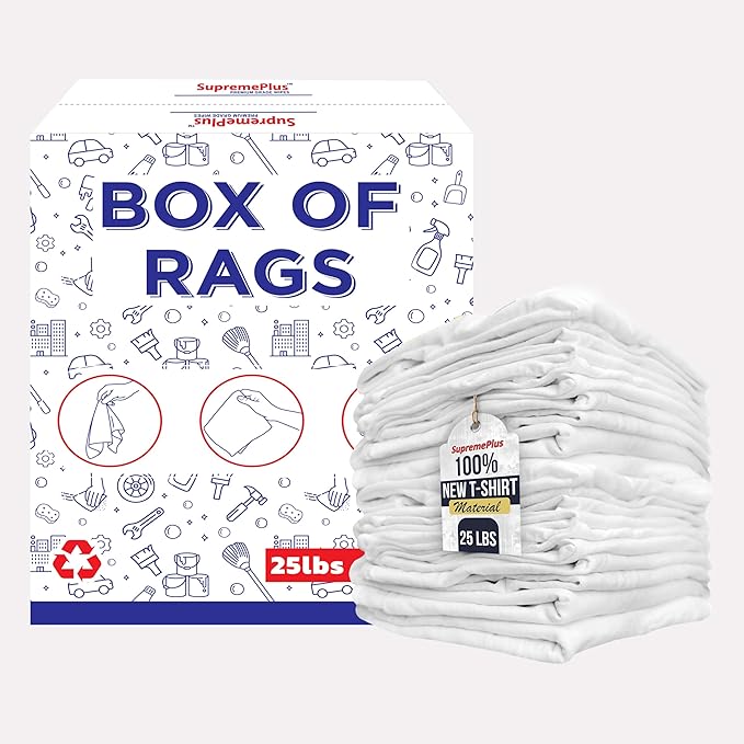 Premium New White Cotton Knit T-Shirt Rags (25 lbs. Box of Rags) - Lint-Free, Soft & Absorbent Cleaning Cloths for Auto, Paint, Garage, Staining & Polishing