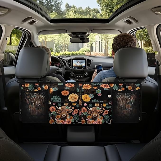 Boho Mandala Highland Cow Car Trunk Organizer with 4 Compartments Floral Flowers Car Storage Bag Multipurpose Cargo Bag