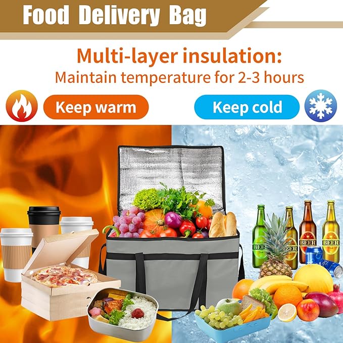 PEASUG 2PCS Insulated Bags for Food Delivery, XXXL Pizza Delivery Bags, Large Capacity Cooler Bag Keep Food Warm for Grocery Shopping and Catering, Foldable, Heavy-Duty (Grey)