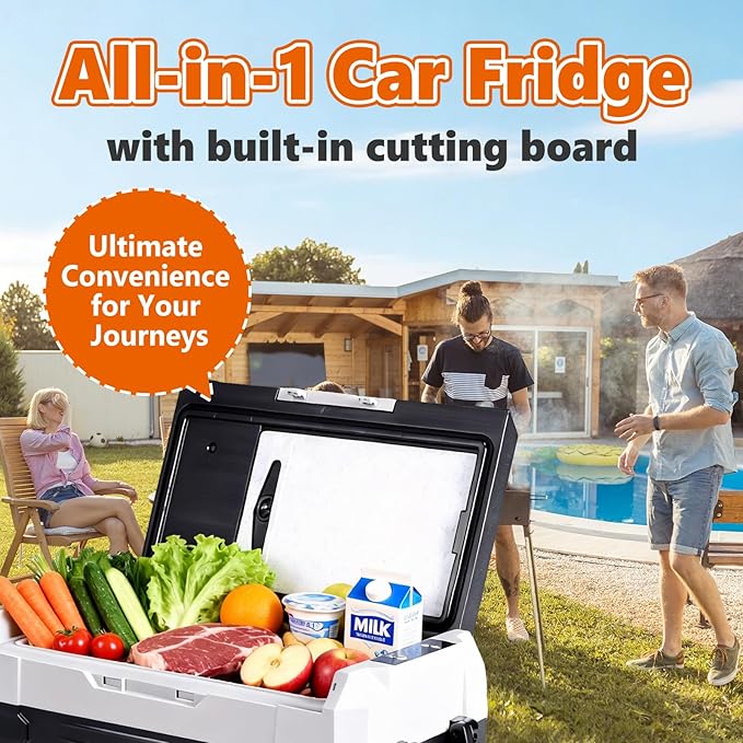 OLIXIS Portable Car Refrigerator, 53QT Dual-Zone Electric Cooler for Vehicles with Wheels & Cutting Board, -4℉-68℉ Freezer Smart Control via Bluetooth, Battery Protection, 12/24V DC & 100-240V AC