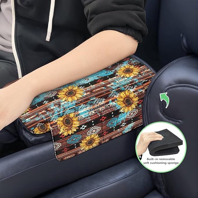 Wanyint Aztec Sunflower Brown Car Center Console Cover Soft Non-Slip Armrest Cover Lid for Car Side Storage Box with 4 Storage Bags Car Interior Decor Accessories for Women Men