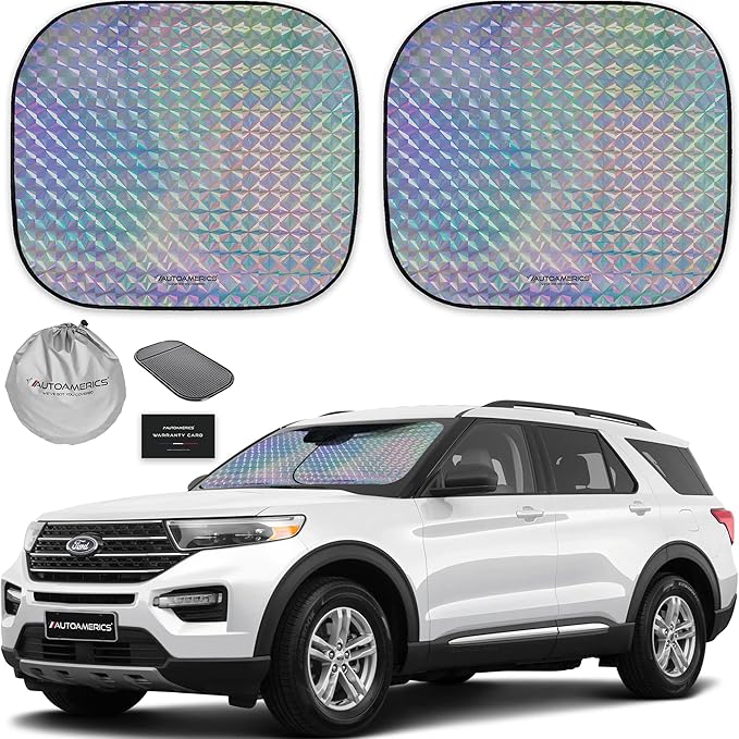 Autoamerics 2-Piece Windshield Sun Shade - Holographic Foldable Car Front Window Sunshade for Most Cars SUV Truck - Heat Blocker Visor Protector Blocks Max UV Rays and Keeps Your Vehicle Cool - Medium