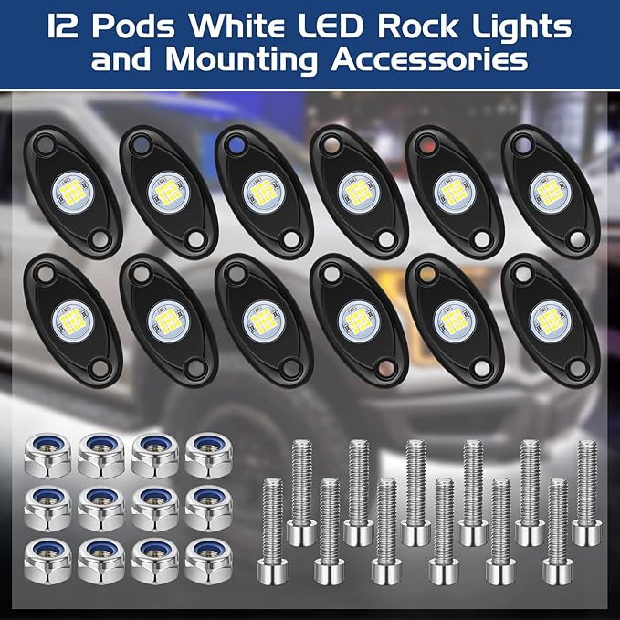 Macarrie 12 Pods Rock LED Lights for Car SUV Underglow Lights Waterproof Neon Trail Rig Lamp Lighting for Truck Motorcycle Boat ATV UTV and More(White)