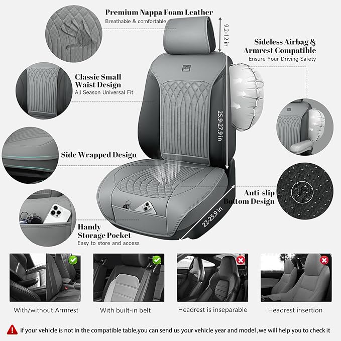 CAR PASS Car Seat Protector, 2 Pack Sideless Nappa Leather Seat Covers for Cars, All Season Waterproof Breathable Front Seats Cushion with Storage Pocket Universal Fit Vehicle Car SUV Truck, All Gray