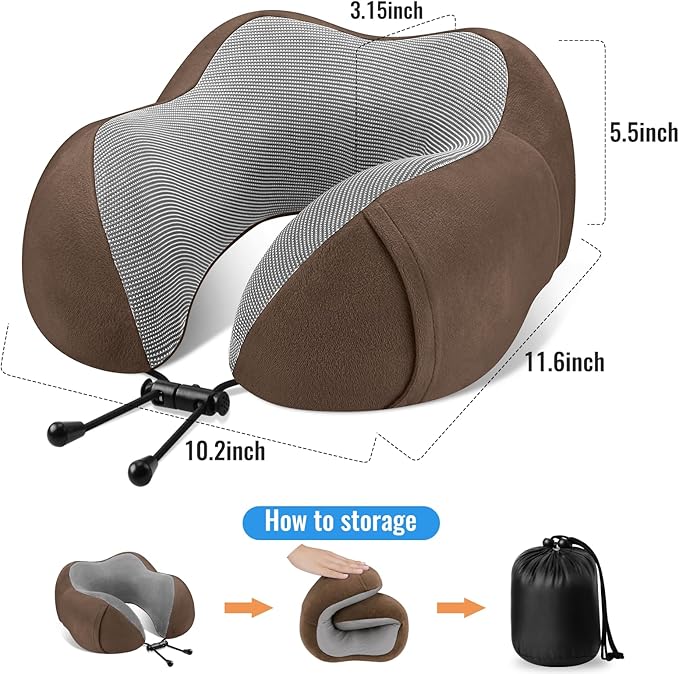 CloudBliss Travel Pillow Premium Memory Foam, Comfortable & Supportive Neck Pillow, Sleeping Neck Pillows for Travel, Airplane Pillow for Sleeping Airplane, Car, Office and Home（Brown）