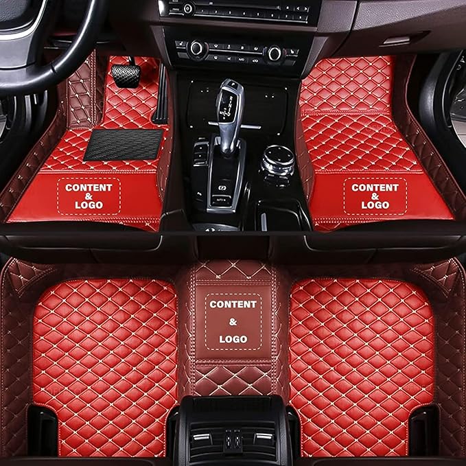 Custom Making Car Floor Mats Compatible for 2000-2025 All Mode Sedan SUV Sports Car Full Coverage Cute Pads Protection Non-Slip Leather Floor Liners (Red+Dark Brown Edge)