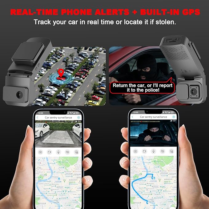 4G LTE Dash Cam with Live Streaming, Car Vandalism Surveillance Security Camera with Dual 155° Front & 180° Inside Camera, GPS Tracking, Radar Detect, G-Sensor, OBD II, 24/7 Parking Monitor