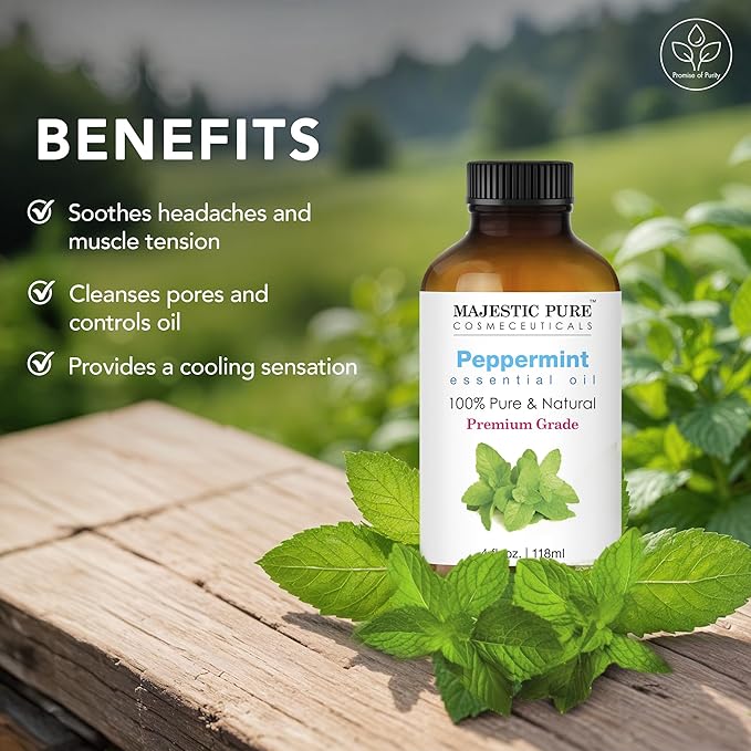 Majestic Pure Essential Oil with Glass Dropper - 100% Pure and Natural - Essential Oils for Diffuser, Aromatherapy, Soap and Candle Making, Peppermint Essential Oil, Peppermint Oil, 4 Fl Oz Pack of 2