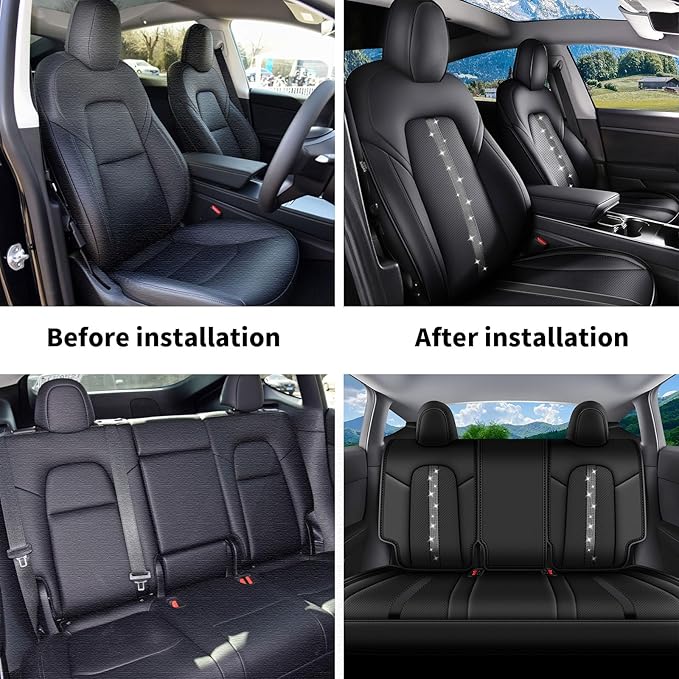 AOMSAZTO Upgrade for Tesla Model Y Seat Covers, Half Surround Bling Diamond Leather Seat Protectors, Airbag Compatible & Custom Fit 2020 2021 2022 2023 2024 5-Seater Full Set, Easy to Install