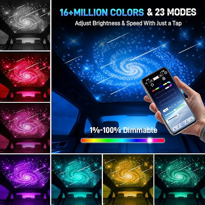 Twinkle Starlight Headliner Kit, 1000PCS 0.03in/13.5ft, 32W RGBW Twinkle & Meteor Dual-Engine 200 Shooting Stars, Music Mode APP/Remote Control Star Effect, for Truck/SUV/Home/Party