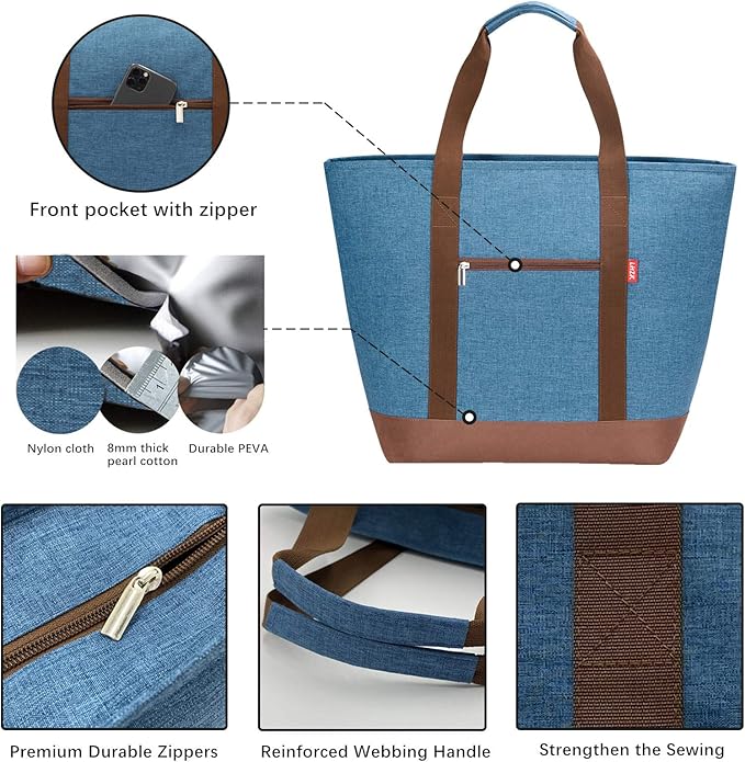 LHZK Jumbo Insulated Cooler Bag with Thermal Foam Insulation, Premium Leakproof Cooler Tote Bag with Zipper, Insulated Hot Cold Bag for Food Transport, Picnic, Travel, Beach (50L, Blue)