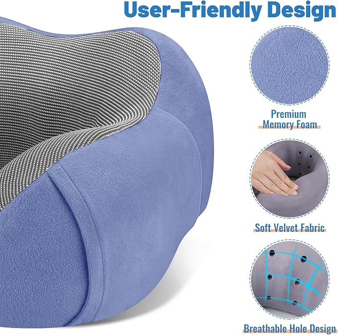 CloudBliss Travel Pillow Premium Memory Foam, Comfortable & Supportive Neck Pillow, Sleeping Neck Pillows for Travel, Airplane Pillow for Sleeping Airplane, Car, Office and Home（Blue）