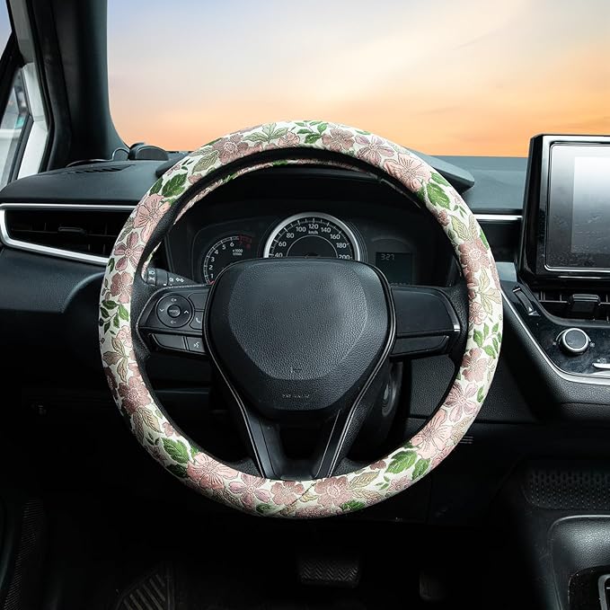 Retro Pink and Purple Flowers Steering Wheel Cover Auto Jacquard Steering Wheel Protector, Anti-Slip, Breathable, Absorbing Sweat, Universal Car Accessories 14.5–15 inch,Fit for Most Car, Trucks, SUV