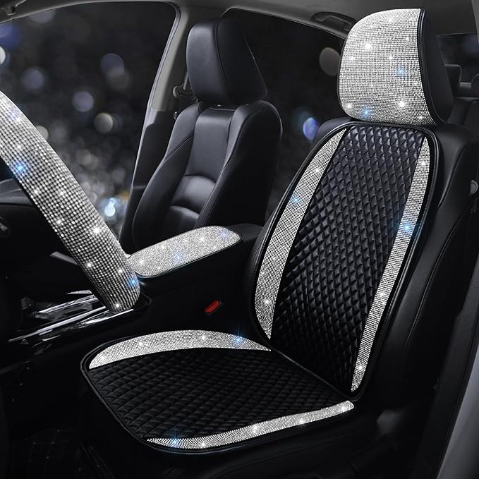 Luxury PU Leather Car Seat Cover Protector Bling Rhinestones Diamond Front Car Seat Protector Pad for Girls Women or Ladies Auto Sparkling Crystal Universal Interior Accessories White 1 Seat