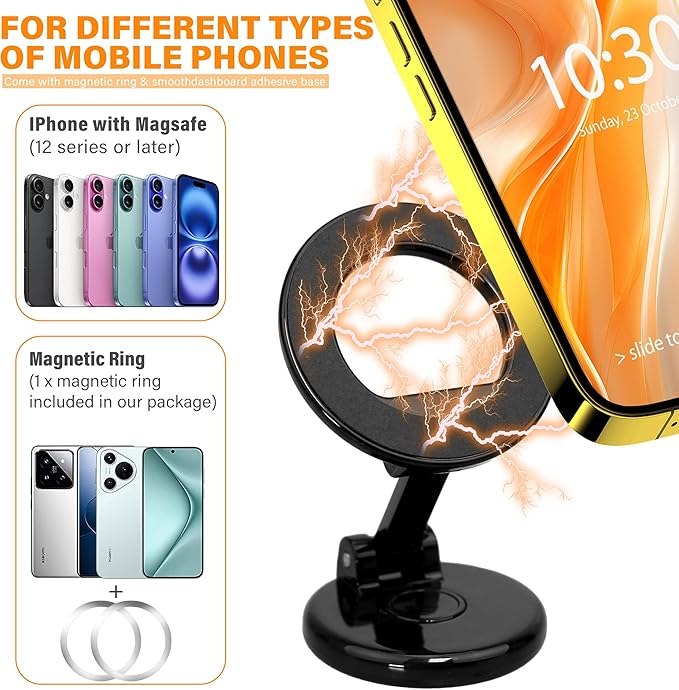 Magnetic Car Phone Holder, N55 Strong Magnets, 360° Rotation Dashboard Magnetic Phone Holder for Car, Folding Car Magnet Phone Mount for iPhone 16 15 14 13 Pro Max (Round-2)