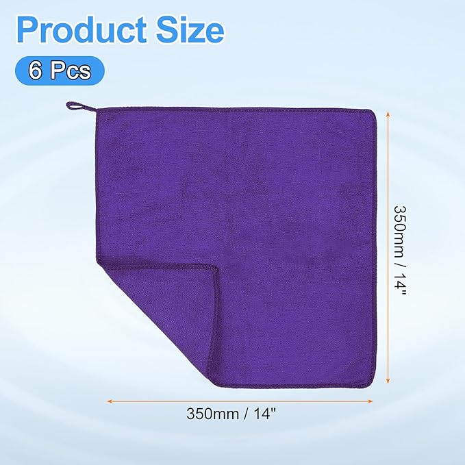 HARFINGTON 6 Pack Microfiber Cleaning Cloth, 14" x 14" Multi-Functional Cleaning Towels Reusable Absorbent Rags with Hook for Car Wash Kitchen Household Window Clean, Purple