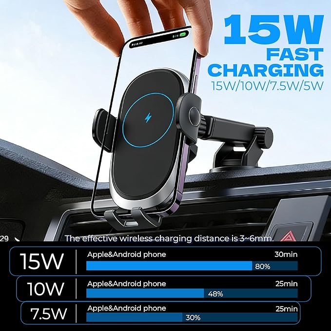 Wireless Car Charger Phone Holder Mount 15W Fast Charging, Auto Clamping with Smart Sensor, Dashboard & Windshield Car Phone Holder for iPhone for Google Samsung Android