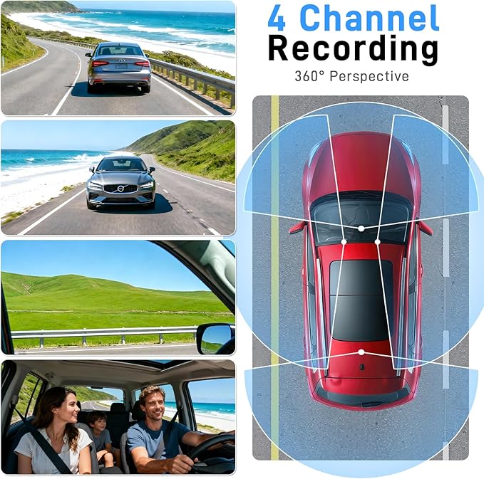 4 Channel Dash Cam 360 View Front Rear Left Right Car Camera,GPS and 5GHz Band WiFi,APP Control,G-Sensor,24H Parking Mode,8PCS IR Lights Night Vision,Wide Angle,WDR,Included Free TF Card