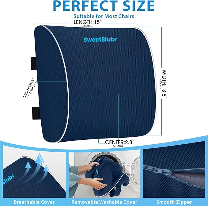 Large Lumbar Support Pillow for Office Chair, Car Seats and Home Desks, Ergonomic Back Support with Double Adjustable Straps, Machine Washable Cover, Gray