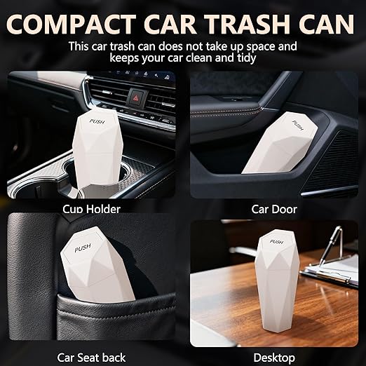 Car Trash Can with Lid - 1-Pack, Interior Accessories for Vehicles, Leakproof Garbage Can with 15 Detachable Trash Bags, Multipurpose Organizers and Storage Solutions for Home and Office (Beige)