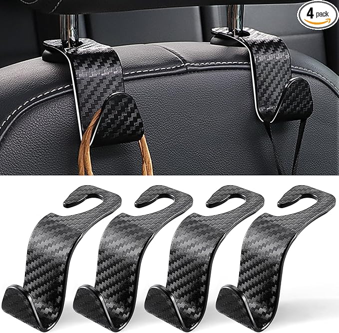 LivTee Car Purse Hook, 4 Pack Universal Auto Seat Headrest Hook Hangers Organizer for Coats, Umbrellas, Groceries - Carbon Fiber Black | Universal, Hangers, Organizer, for Coats, Umbrellas, Groceries