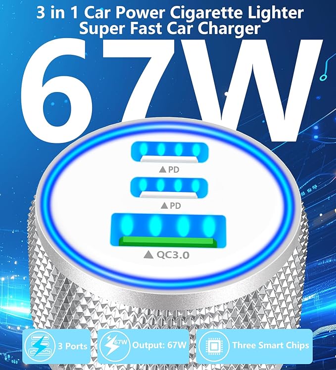 [Apple MFi Certified] iPhone 17 Car Charger, KYOHAYA 3-Port 67W PD/QC Power Adapter USB-C Fast Car Charging Cigarette Lighter with Type-C Cable for iPhone 17/17 Pro Max/16 Pro/15/Galaxy S26/S25/Pixel