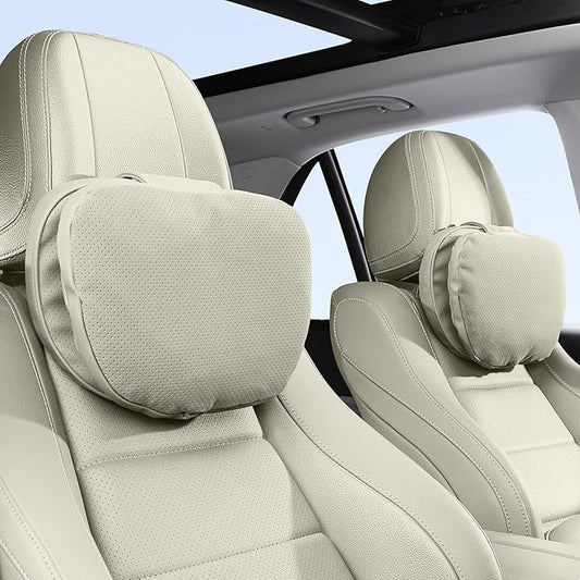 Car Headrest Pillow for Driving, Dual-Sided Leather Design Neck Pillow, Breathable Softness Neck Support, Universal Fit Head Rest Travel Pillow, Off White (Beige), 2 Pack