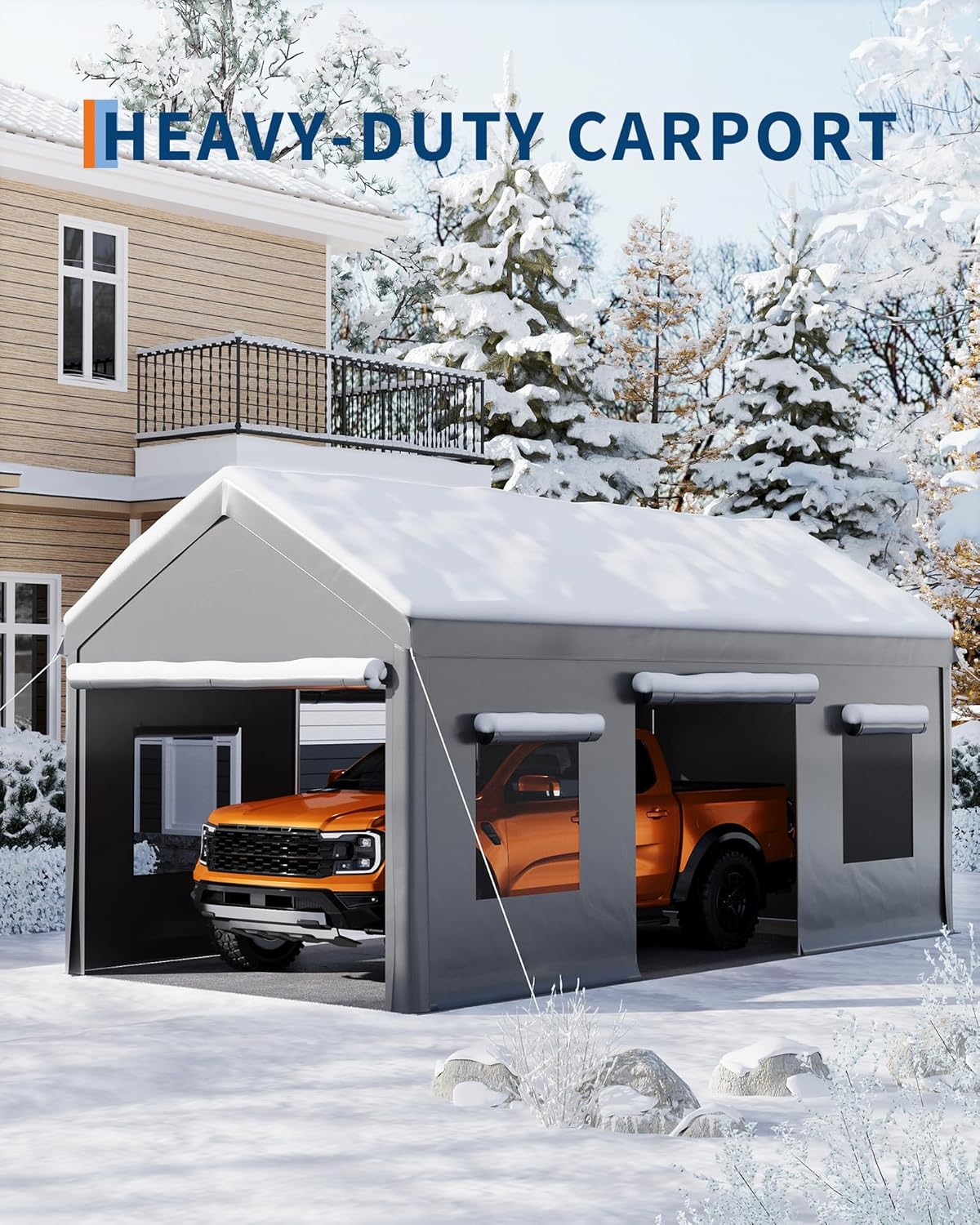 10x20 Ft. Metal Carport Garage with PE Fabric and Galvanized Steel Frame Outdoor Shelter for Cars, Trucks and Boats with 4 Doors and Mesh Windows for Ventilation - Grey