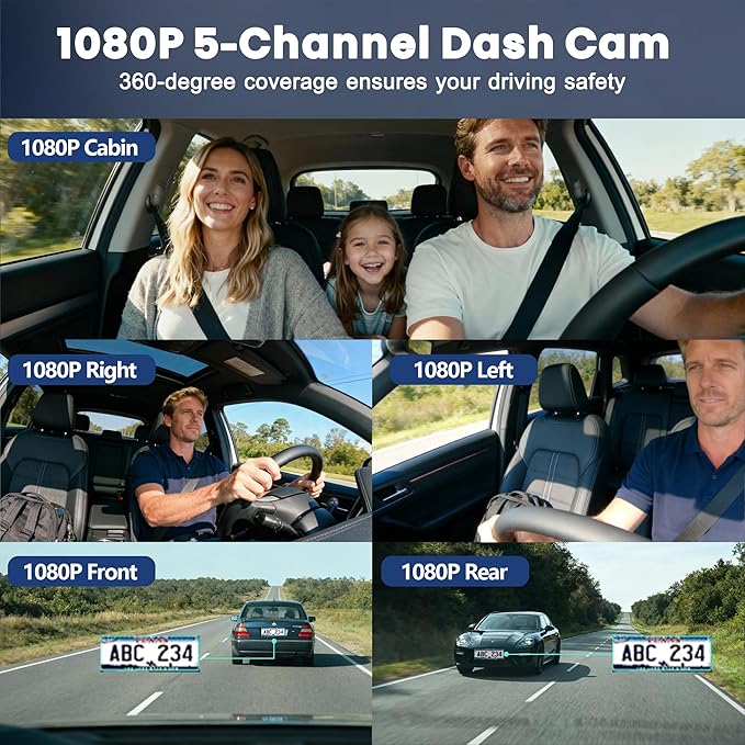 5 Channel 1080P*5 Dash Cam Front Rear Left Right Cabin with OBD2 Power Cable, 360° Coverage Dash Camera for Cars with 128GB SD Card, 5G WiFi & App Control, G-Sensor, 24H Parking Mode, Loop Recording