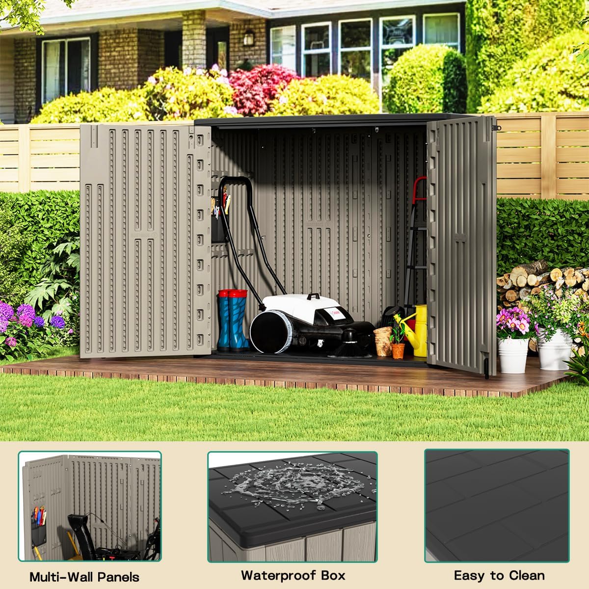 KINYING Outdoor Horizontal Storage Sheds,Outdoor Storage Cabinet Waterproof Resin Tool Storage Box for Lawn Mower,Garden Tools and Patio Furniture, Lockable (Brown)