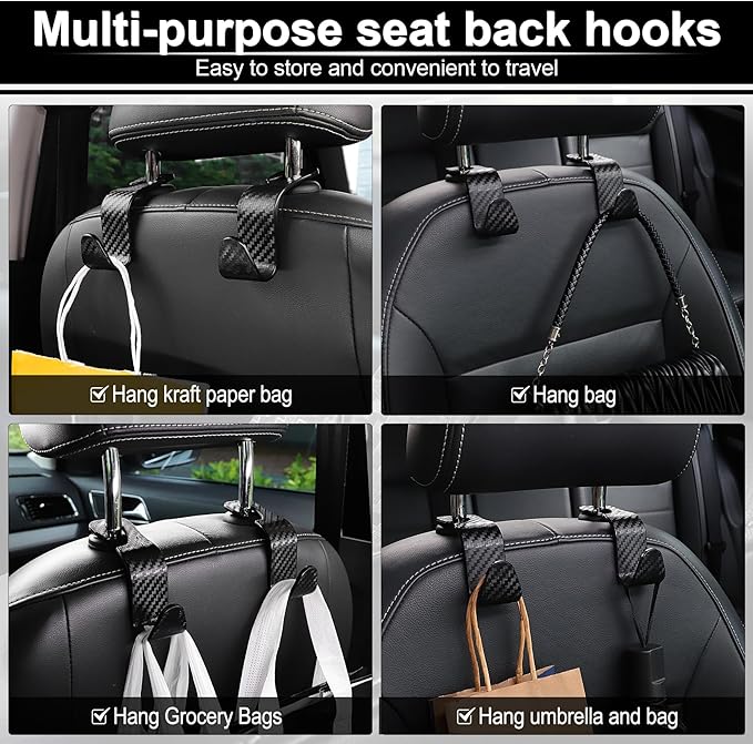 LivTee Car Purse Hook, 4 Pack Universal Auto Seat Headrest Hook Hangers Organizer for Coats, Umbrellas, Groceries - Carbon Fiber Black | Universal, Hangers, Organizer, for Coats, Umbrellas, Groceries