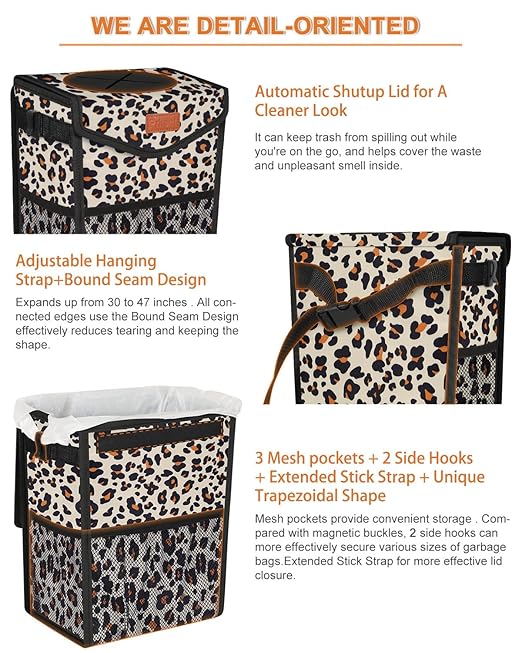 Pritent Car Trash Can with Lid, Cute Leakproof Car Trash Garbage Bag Hanging Vehicle Trash Bin Small Portable Automotive Garbage Cans Organizer for Back/Front Seat/Console(2.8 gal,Leopard