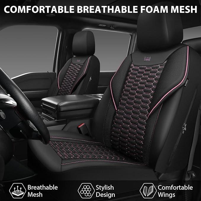 CAR PASS 3D Foam Mesh Leather Car Seat Covers Front Seats,Breathable Mesh Front Seat Covers for Women,Universal Fit for Cars SUV Truck Sedan Van Automotive, Armrest Airbag Compatible,Black and Pink