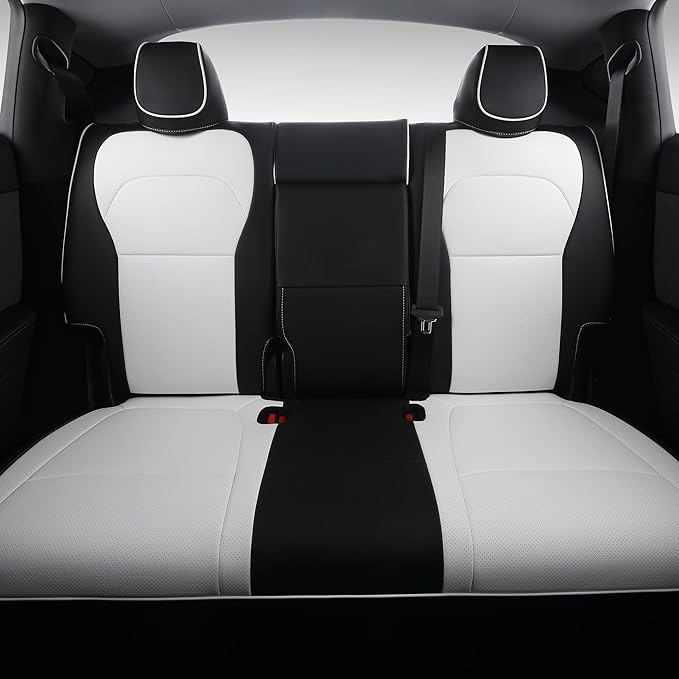 Custom Fit Seat Covers for 2025 2026 Tesla Model Y Juniper (5-Seater) - Ventilated Seats & Rear Screen Compatible - Nappa Leather Full Set Car Seat Protectors (Black+ White, Model Y 2025)