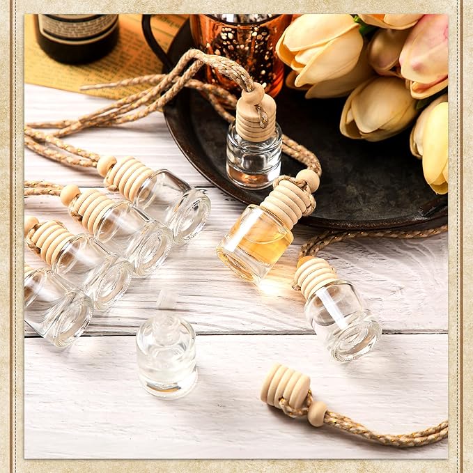 Zubebe 300 Pcs Hanging Car Air Freshener Diffuser Bottles Empty Bulk 8ml Clear Glass Essential Diffuser Oil Pendant Bottle Refillable Automotive Aromatherapy Fragrance Perfume Containers, Cylindrical