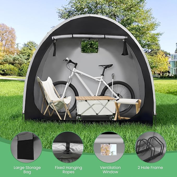 Bike Tent with Bicycle Racks Outdoor Portable Bicycle Storage Sheds with 210D Oxford 800ppm Waterproof for 2/3 Bikes, Covers Shelter for Motorcycle, Garden Tools, Lawn Mower
