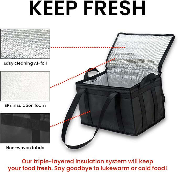 NZ home Insulated Bags for Food Delivery (Large) Grocery Shopping Cooler Bag, Pizza Delivery, Hot & Cold Catering Tote, Reusable, Foldable & Heavy Duty (2 Pack, Black)