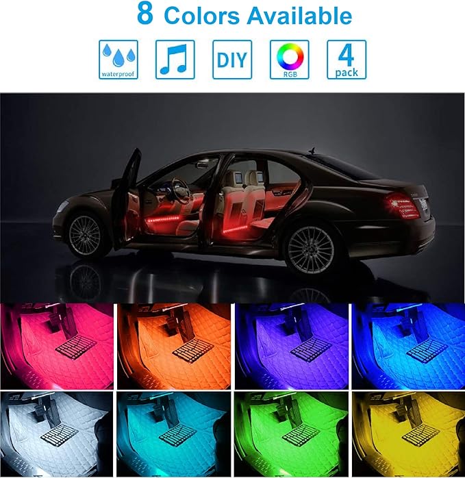 Led Interior Car Lights, Controller Led Lights for Cars, Multicolor Music Underglow Lighting Kits with Wireless Control and Sound Active Function, 4pcs 48 USB LED Interior Lights, DC 5V