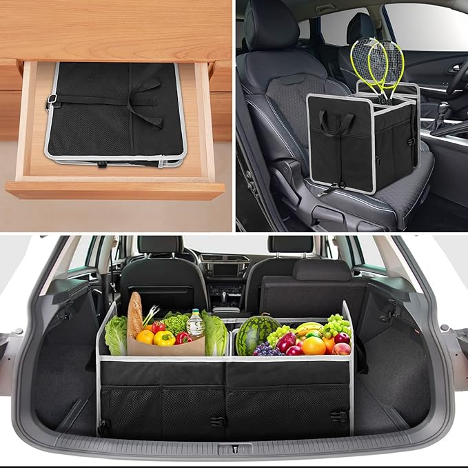 Car Trunk Organizer with Individual Cooler Bag - 2 Compartment Collapsible Car Storage for SUV (Black)