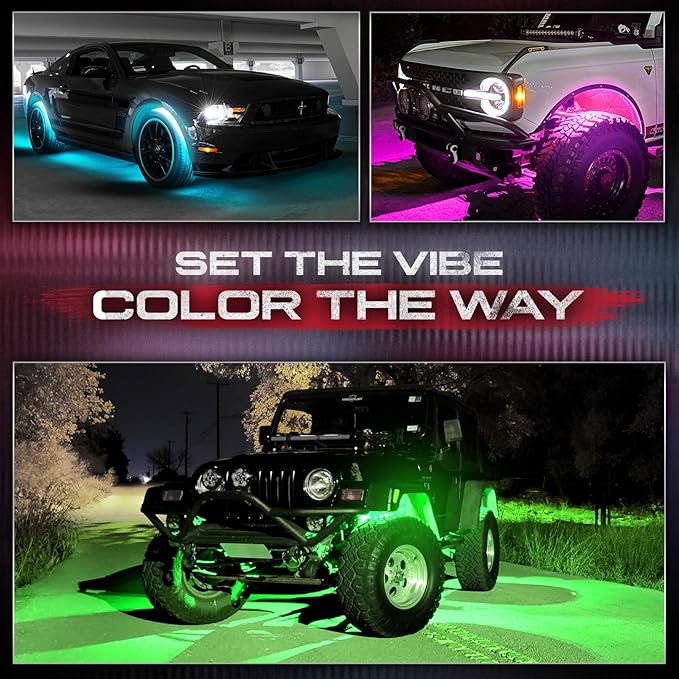 OPT7 Aura Pro Wheel Well Lights Kit with APP & Remote Control, 4pc 24" Waterproof LED Strips, Music Sync, RGB Multi-Color Modes Neon Tire Rim Lights for Car Truck SUV Van