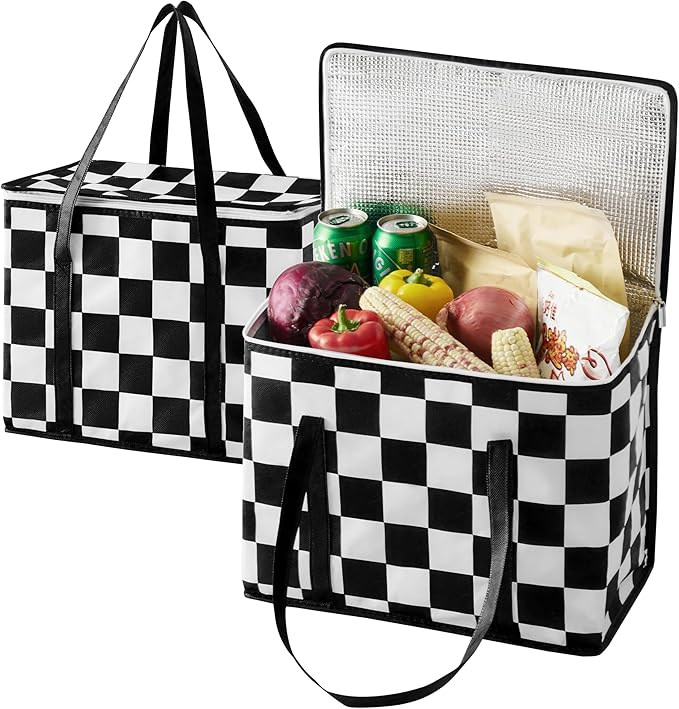Checkered Insulated Grocery Bags 2 Pack, Checkerboard Cooler Shopping Bags for Groceries, Insulated Bags for Food Delivery
