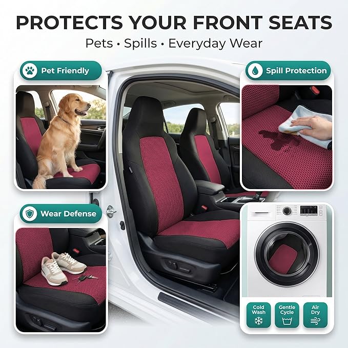 FH Group Automotive Front Car Seat Covers for SUV, Trucks, Sedan and More - Universal Fit Front High Back Design Interior Accessories - 3D Mesh Fabric Center Panel - Burgundy