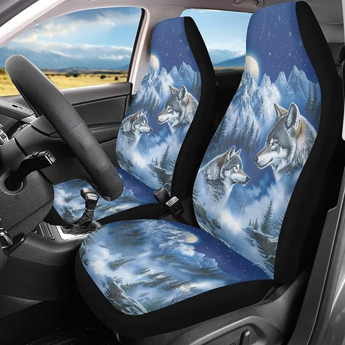 Forest Wolf Car Seat Covers Universal Front Car Seats Breathable Anti-Slip Back Fabric Removable Automotive Accessories Suitable for Cars SUV