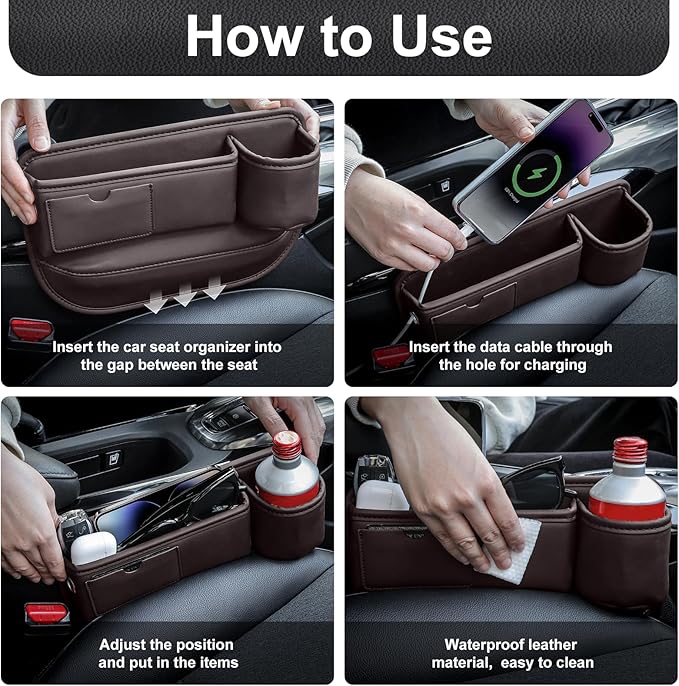Car Seat Gap Filler Organizer with Cup Holder, Universal Fit Soft Leather Car Box Storage, Automotive Car Accessories Necessities for Phones Keys Sunglasses Cards (1 Pack brown)