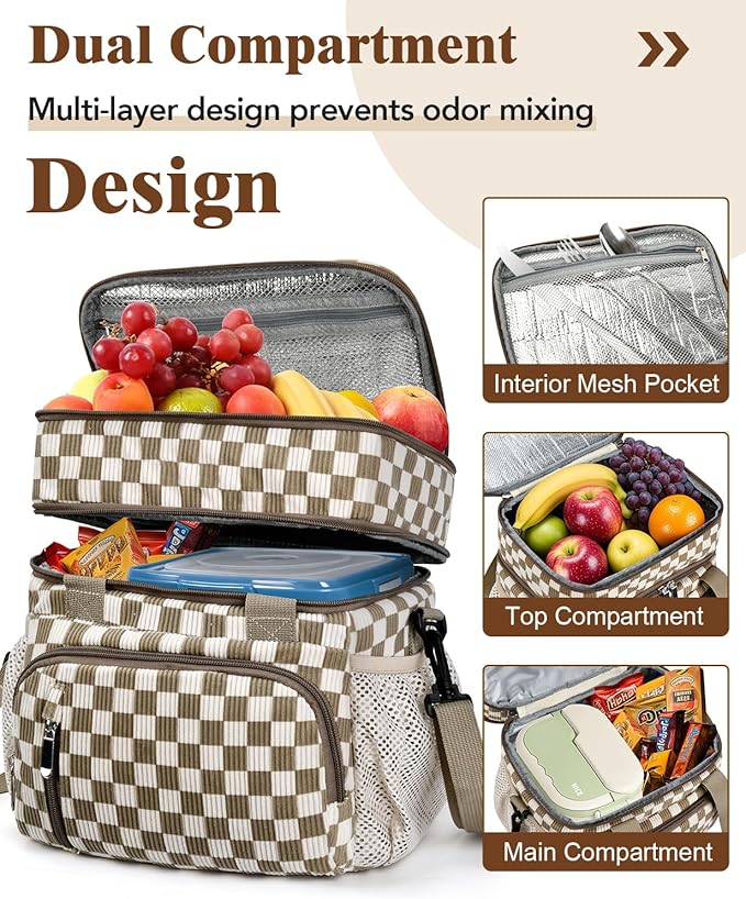 Insulated Lunch Bag for Women, Double Leakproof Lunch Box Soft Cooler Tote with 5 Pockets, 600D Oxford, EVA Lining, Adjustable Strap for Work, Picnic, Beach&Travel- Corduroy Khaki Checkered