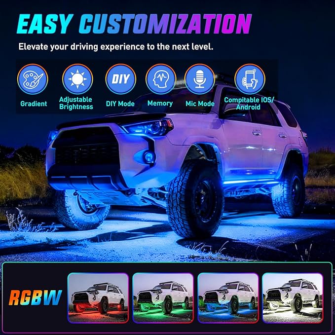 Nilight 8Pcs RGBW Aluminum Underglow Neon Accent Strip Lights 252LEDs Door Assist Multi Color DIY Sound Active Function Music Mode with APP and Remote Control Underbody Light Strips for Car Truck RV