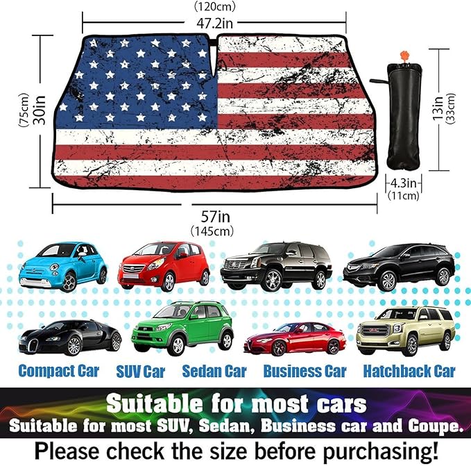 Retro American Flag Car Windshield Sun Shade Umbrella Foldable America Patriot Sunshade for Front Window Auto Windshield Sunshade Covers USA Car Accessories Protect from Sun Rays Heat 57'' X 30''