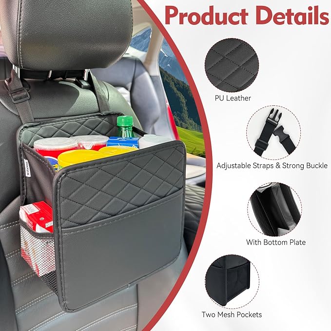 Witaxima 2 Pack Upgraded Car Seat Organizer Backseat with Storage Pockets, Multipurpose Car Organizer Hanging Car Trash Bag Premium PU Leather Garbage Can 2.14 Gallon Large Capacity Accessories Black