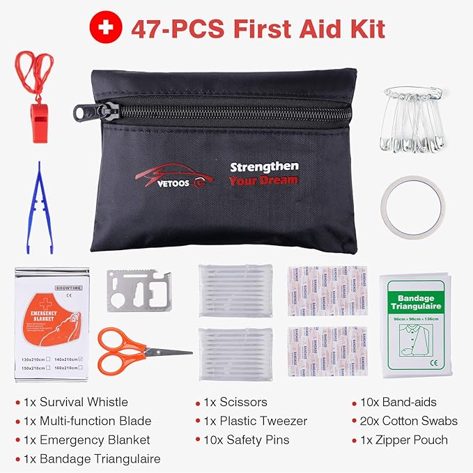 Vetoos Car Roadside Emergency Kit with Jumper Cables, Auto Vehicle Safety Road Side Assistance Kits, Winter Car Kit for Women and Men, with Portable Air Compressor, Tow Rope, Multitool Plier