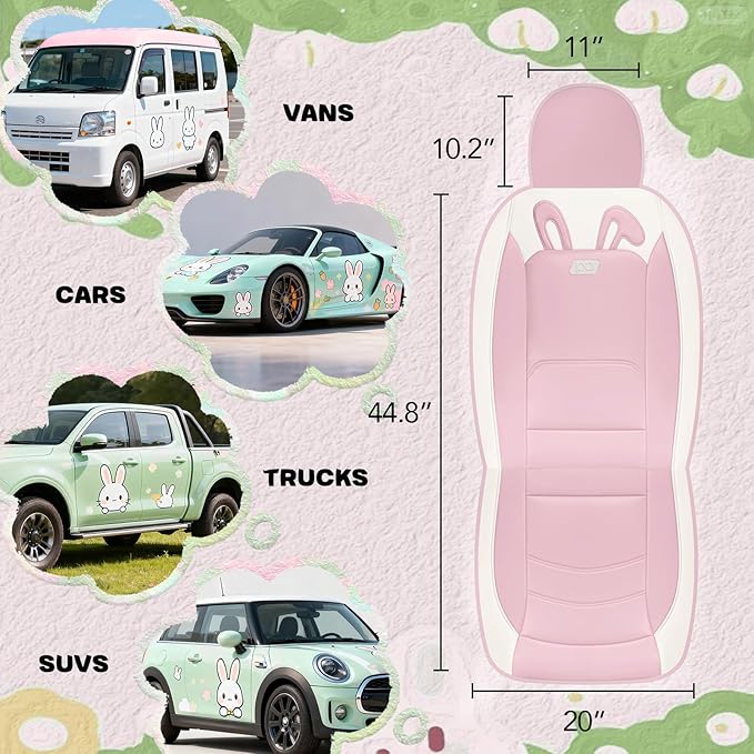 PIC AUTO Car Seat Covers, Cute Rabbit Premium Pink Leather Seat Covers, Universal Fit Front Seat Covers for Cars, Trucks, SUVs, Soft & Wear-Resistant Auto Interior Protection with Airbag-Compatible